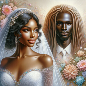 Create a 3-D realistic oil, painting of a beautiful African-American bride. She has long flooring, wavy hair and her gown has beautiful jewels around the neckline. in the background there is a beautiful African-American Jesus Christ with long dreadlocks, and he is smiling. He is very handsome pastel flowers throughout the image.