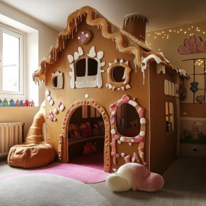 Create a gingerhouse themed play room, cute, warm, whimsical, ma...