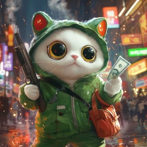 A white fluffy cat wearing a green frog costume with a hood feat...