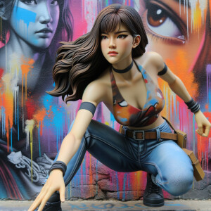 teenage girl, long brown hair and bangs, wearing tight skinny jeans and a halter top paint marks on her clothing, heroic pose Asian graffiti background, nearing on one knee