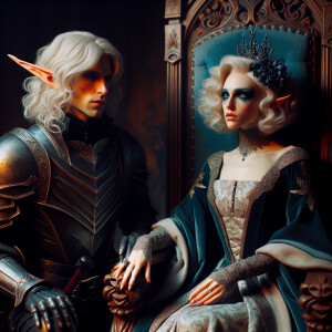 Caranthir-Ar-Fieniel from the Witcher kneels down before Queen T...