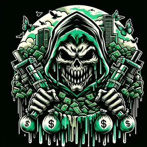 Create a bold horror themed smiley skullface mascot logo featuri...