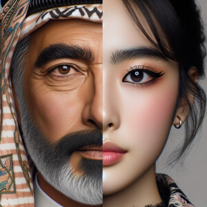 Create a merged portrait by blending two distinct individual por...
