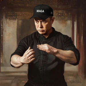 Elon Musk,practicing Kung-Fu, black "MAGA" ball cap, GTA style
