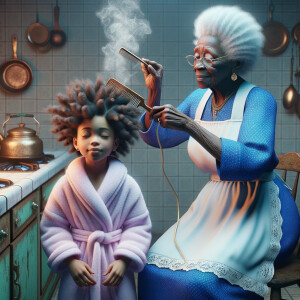 Create a realistic 3-D image of an african-American grandmother wearing a blue house dress and a white apron . She is in the kitchen with her african-American granddaughter. Her granddaughter is wearing a pink bath robe. The grandmother has a hot comb in her hand and she is straightening her granddaughters hair. One side of her granddaughters hair is in  a Afro the other straight 
There is smoke coming from the hot comb
The granddaughter is making a face