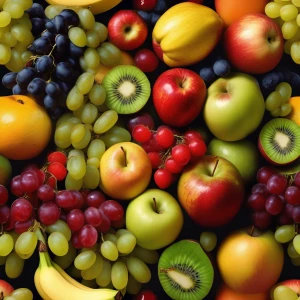 A lush, handpicked basket of fruits including apples, grapes, bananas, and kiwis, all glistening with dew