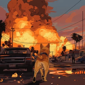 DOGE meme..walking away from cars exploding, 90's clothing, in G...