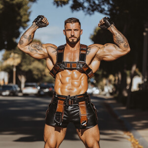 In this image, a muscular man is posing on an outdoor street, fl...