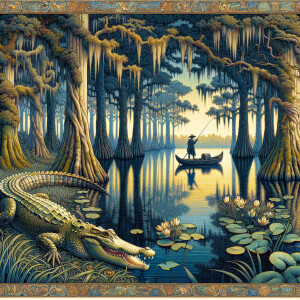 Visualize a scene reminiscent of the lush swamps of Louisiana as...