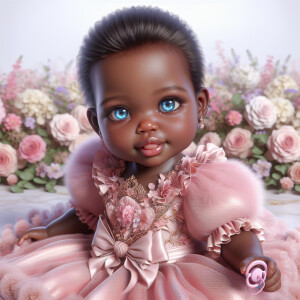 Create a 3D realistic image of a bubbly African American baby gi...