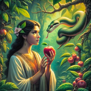 Show me an image of Eve being manipulated by the serpent to eat...