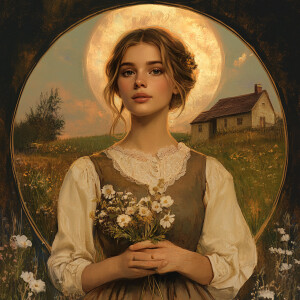 Digital art portrait of a serene female in a vintage dress, hold...