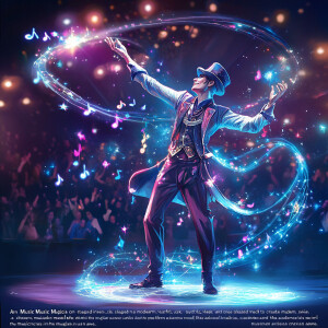 “An AI Music Magician on stage, dressed in a modern, sleek outfi...