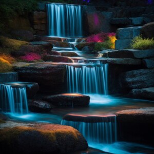 Create an image of vibrant floating waterfall fountain made from...