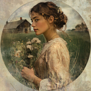 Digital art portrait of a serene female in a vintage dress, hold...