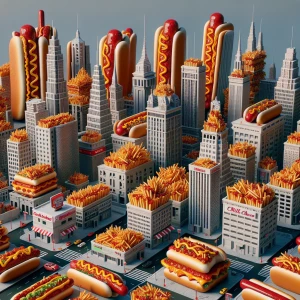 Design a hyper-realistic 3D cityscape in 8K UHD resolution where...