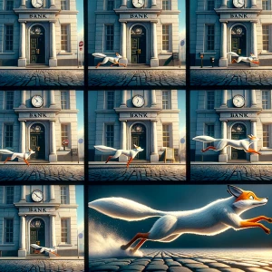 A white fox running from a bank