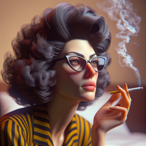 Woman with big 1950s hair and cat eye glasses, smoking a cigarette in bed.