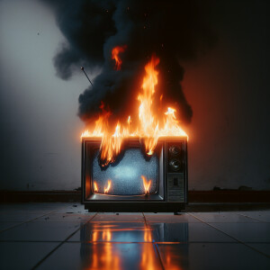 Fire creeping up from the bottom of image setting a tube TV on f...