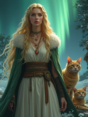 Create a detailed image of Freyja, the Norse goddess, depicting...