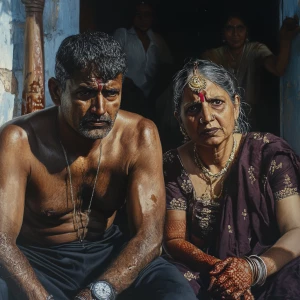 Photorealism, a muscular sweaty employer criminal man sitting al...