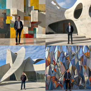 James Hennessy standing in front of a modern abstract building