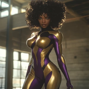 A wide camera angle of a superheroine that stands with commandin...