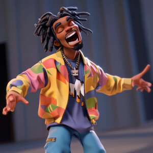 Design an animation depicting the rapper Rod Wave in a whimsical...