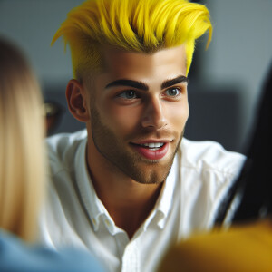 Young man without hair on his face with yellow hair giving consu...