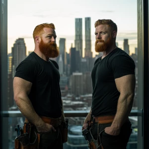 Mike and Alex, two master builders in their 30s with sculpted mu...