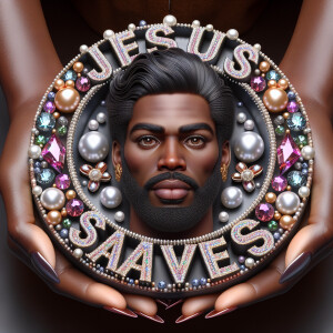 A 3D realistic artwork featuring the phrase 'Jesus Saves' adorne...