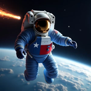 An astronaut wearing a  blue paisley print uniform designed with...
