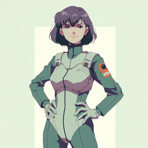 1990s anime screencap, girl a plugsuit, standing with hands on h...