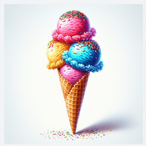 Create an image of a vibrant, colorful ice cream cone with three...