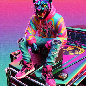 Create a colorful/psyscadelic character of pink panther wearing...