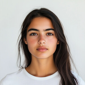 A 21-year-old Brazilian-Californian woman with a clean face and...