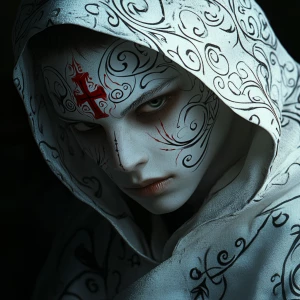 A close-up portrait of a person with a white face painted with i...