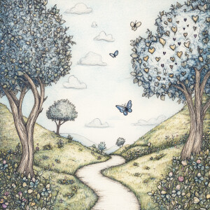 A calming, detailed illustration of a nature scene with a pathwa...