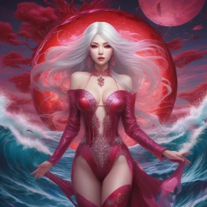 A beautiful  vampire woman with long metallic white  hair wearin...