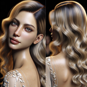 Describe a striking scene featuring a beautiful woman with flowi...