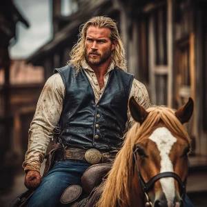 Wanted man muscle dirt blonde hair blonde beard wearing black chaps with blue jeans on a black leather vest. In the morning riding a horse with tan and brown. He is in a old fashion town.