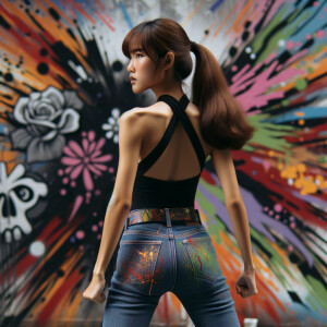 Attractive, Asian teenage girl, long brown hair and bangs, wearing tight skinny jeans and a halter top paint marks on her clothing, backside view heroic pose Asian graffiti