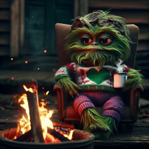 Create the character of the Grinch sitting on an old couch outsi...