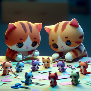 Cats cutting out paper cat dolls, cute