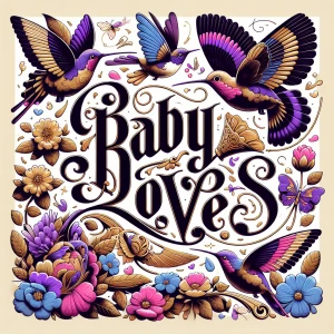 Create a design featuring the phrase "baby loves" in calligraphi...