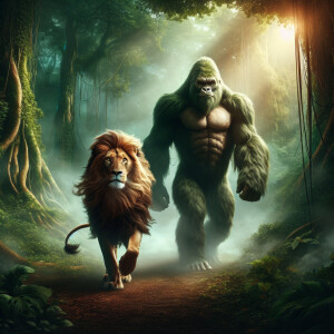 A majestic lion and the towering figure of King Kong walking sid...