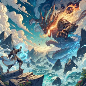 An epic showdown on a mountain ridge, where a hero in shining ar...