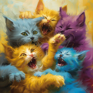 Five mischievous cats of different colors are playing together,...
