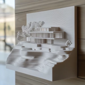 3D printed scale model of a modern house being displayed as art on a wall