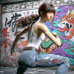 Athletic Thin skinny Attractive, Asian teenage girl, long brown hair and bangs, wearing tight skinny jeans and a halter top paint marks on her clothing, heroic pose Asian graffiti background, backside view